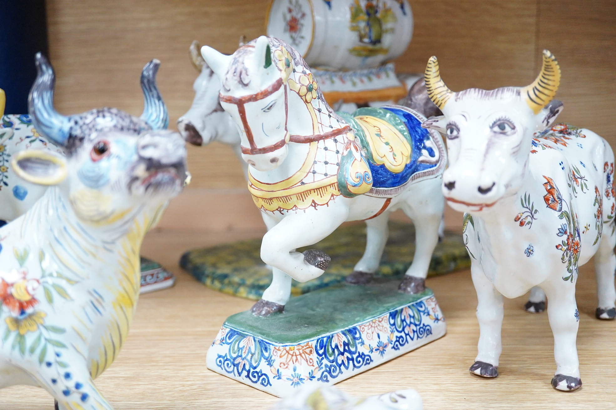 19th century French faience models of cows, a cat and a frog .(9), Tallest 30 cm